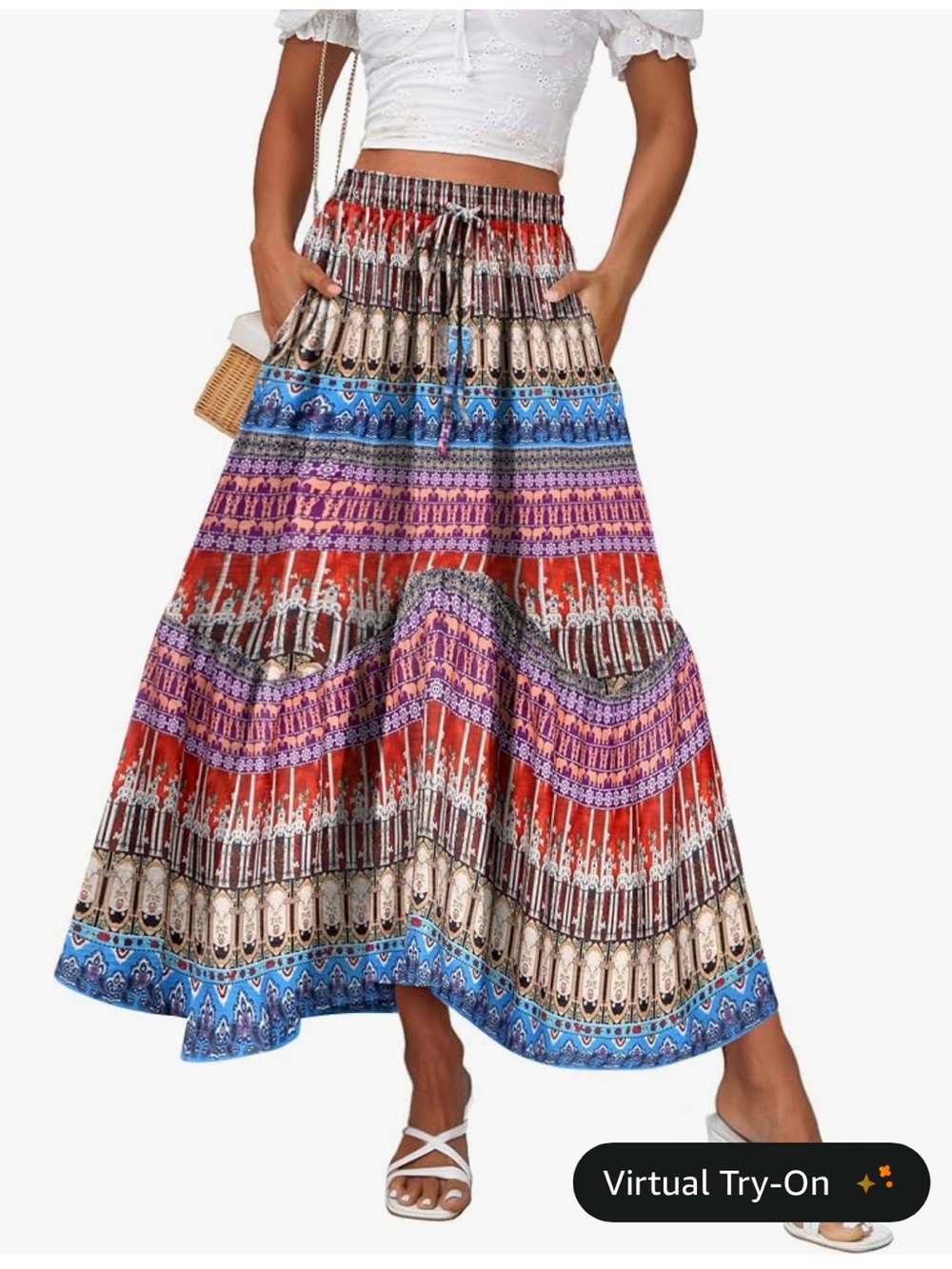 Amazon Colorful Boho Tiered Maxi Skirt - Red Blue Purple Cream